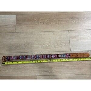 Handcrafted Boho Leather Belt w/ Colorful Ethnic Textile Inlay Stitching Size 30